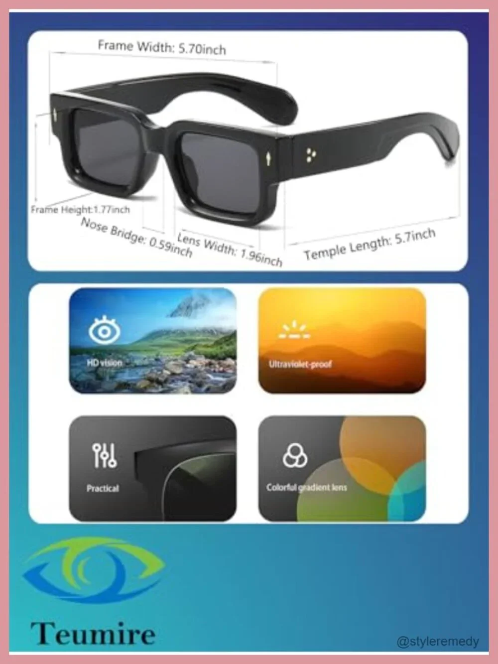Chunky Square Thick Frame Sunglasses UV400 Protection Unisex Retro Rectangle